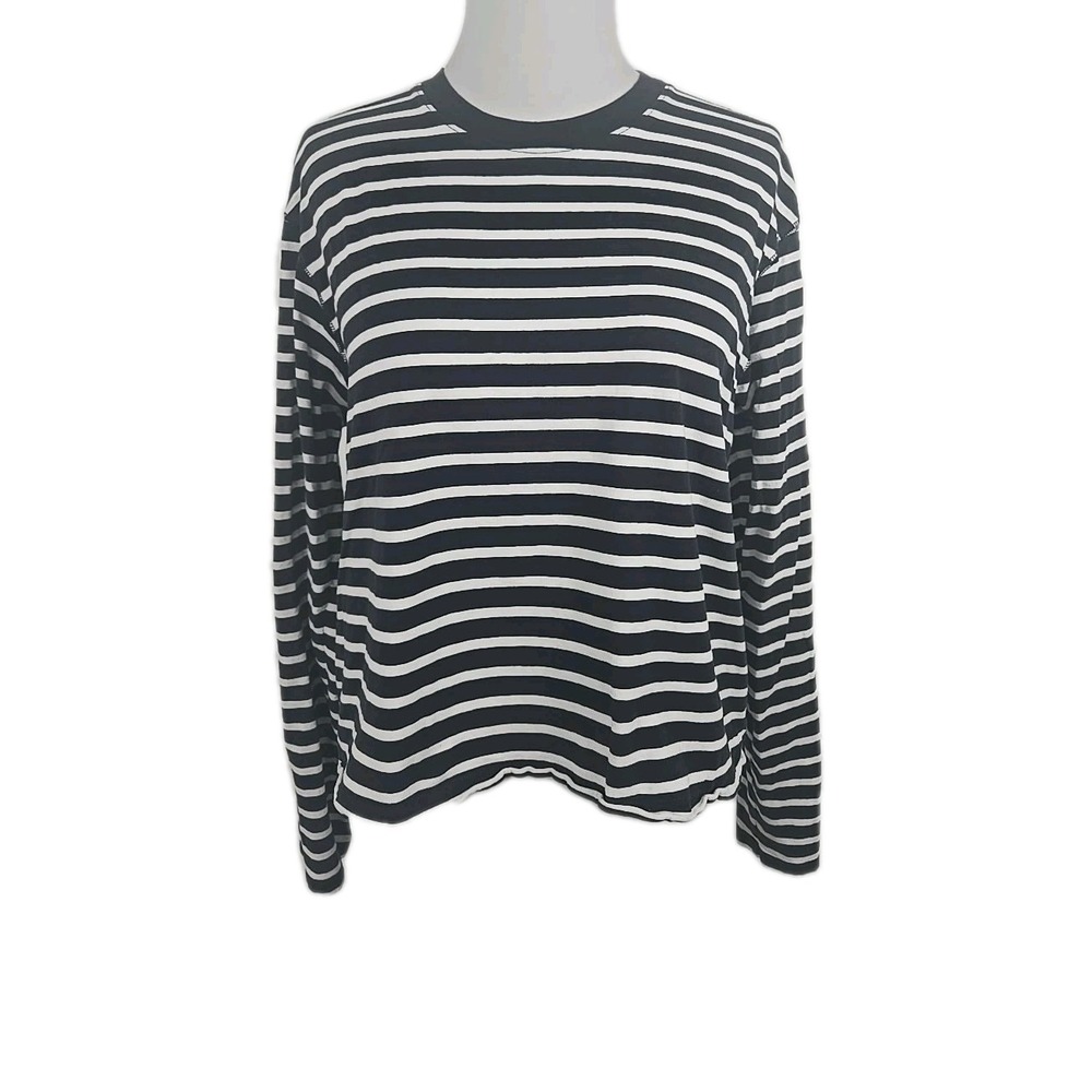 ATM Junior Large Navy & White Striped Long Sleeve Cropped Crew Neck T-shirt Top